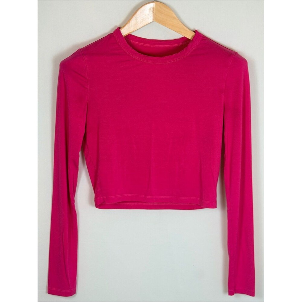 Hot Pink Cropped Long Sleeve Top Medium Soft Stretch Y2K Barbiecore